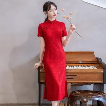 大碼女裝2024年夏季新款新中式改良旗袍敬酒服紅色回門新娘連衣裙