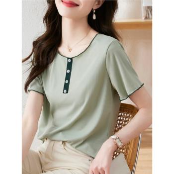 簡約設計感拼色T恤短袖女夏季韓版時尚休閑顯瘦小眾別致套頭上衣