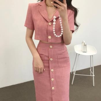 韓國chic夏季新款小香風短款西服外套+紐扣開叉包臀半身裙套裝女