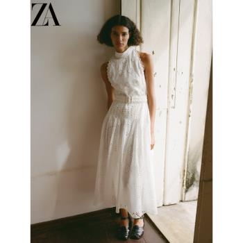 ZA夏季新款法式白色無袖長裙女鏤空刺繡收腰連衣裙2292974 251