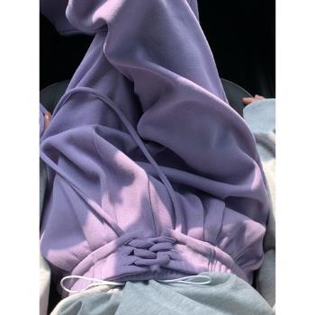 紫色運動褲子女春秋夏慵懶復古直筒垂感闊腿褲休閑美式衛褲設計感