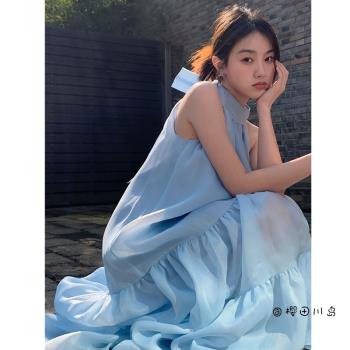 櫻田川島夏季法式高端度假掛脖無袖洋氣網紗連衣裙小眾藍色長裙女