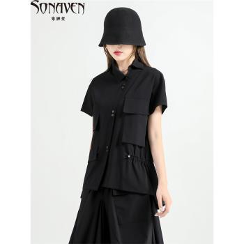 夏季新款暗黑系穿搭短袖襯衫甜酷時尚黑色襯衣口袋設計感小眾上衣