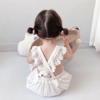 女寶刺繡白色連體衣2023夏公主小仙女背帶包屁衣嬰兒花朵ins夏裝