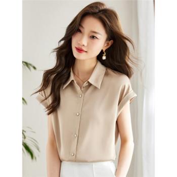 Polo領連袖緞面襯衫女夏季韓版顯瘦氣質襯衣時尚百搭短袖開衫上衣