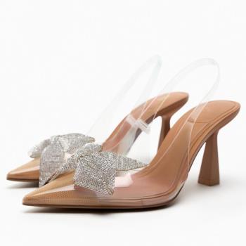 ZA夏季新款女鞋天然色法式水晶露跟高跟透明穆勒鞋尖頭蝴蝶結涼鞋