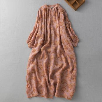 復古高端苧麻印花燈籠袖連衣裙女夏季2023年新款寬松顯瘦氣質長裙