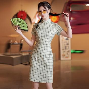 改良旗袍2024新款大碼顯瘦女裝夏日常格子民國風短款新中式連衣裙