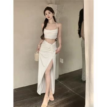 海邊度假旅遊穿搭女裝性感辣妹露臍上衣套裝夏季開叉半身裙兩件套