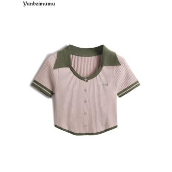 甜辣polo領小眾設計感拼色短款針織T恤女夏季新款小個子短袖上衣