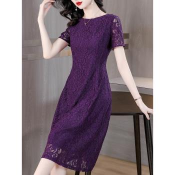 時尚優雅紫色蕾絲連衣裙女2023夏裝新品高貴氣質中年媽媽收腰長裙