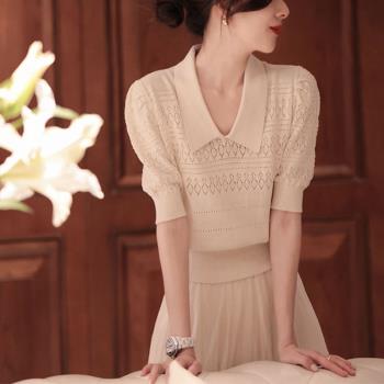 名媛氣質時尚高級感復古溫柔鏤空短袖冰絲針織衫夏薄款polo領上衣