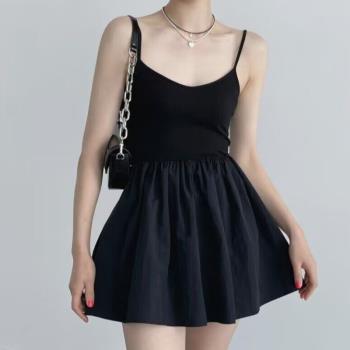 韓國chic夏季新款小清新甜美超顯身材吊帶露背連衣裙女A字短裙