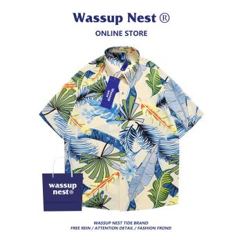 WASSUP夏季冰絲短袖襯衫男士透氣豹紋寬松百搭沙灘花襯衫男士襯衣