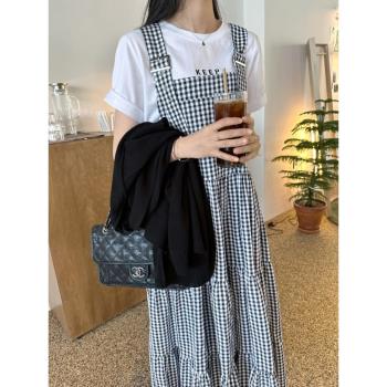 韓國chic夏季新款休閑時尚復古減齡格子無袖背帶中長款連衣裙女