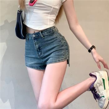 港味辣妹緊身牛仔褲女夏季2023新款彈力顯瘦熱褲修身高腰闊腿短褲