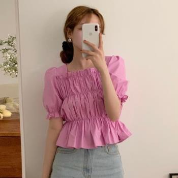 韓國chic夏季新款設計感小眾收腰顯瘦木耳邊上衣褶皺泡泡袖襯衫女