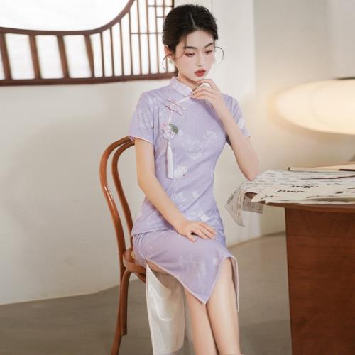 新中式旗袍2025新款夏季少女風淡紫色兔子出游拍照日常改良連衣裙
