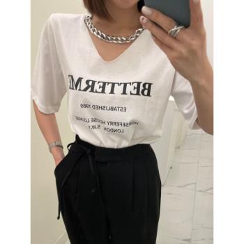 韓國chic夏季新款設計感小眾百搭顯瘦鏈條別致上衣字母印花T恤女