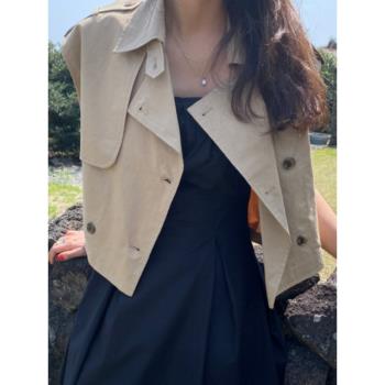 韓國chic夏季新款小香風復古百搭簡約純色系扣風衣馬甲外套上衣女