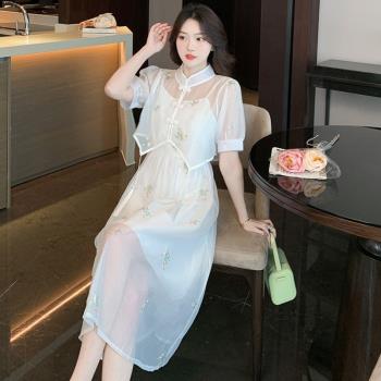 新中式套裝旗袍改良刺繡女上衣配連衣裙中國風氣質減齡夏裝兩件套