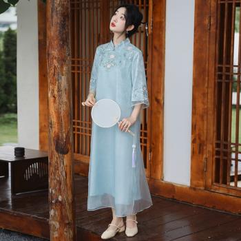 中國風改良旗袍中式女裝刺繡復古寬松大擺裙盤扣連衣裙茶服女夏裝