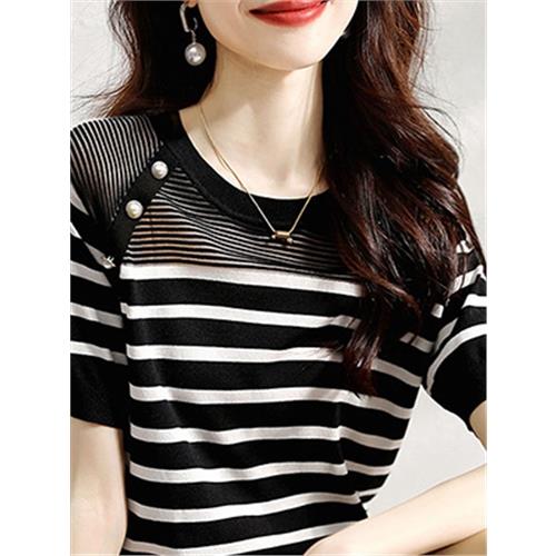 蕾絲拼接黑白條紋短袖冰絲上衣2026夏季新款圓領冰絲體恤寬松T恤