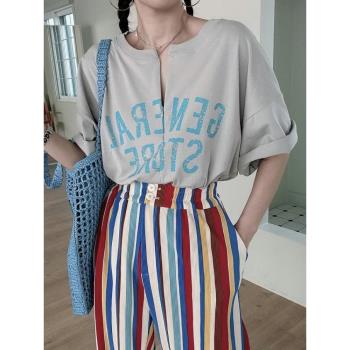 韓國chic夏季新款顯瘦拉鏈印花字母圓領T恤百搭超火的網紅上衣女
