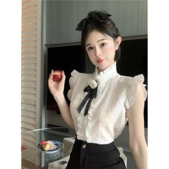2024夏季新款宮廷風甜美百搭設計感小眾別致背心襯衫無袖上衣女士