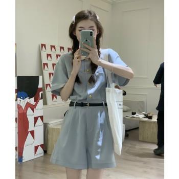 連體褲女夏季新款韓版個性減齡淺藍娃娃領工裝小個子顯瘦收腰短褲
