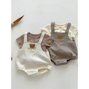 韓版男女寶寶夏季新品短袖包屁衣套裝嬰兒背帶T恤兩件套外出爬服