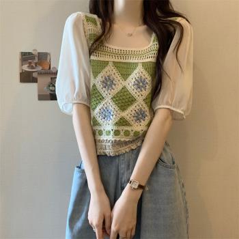 韓版短袖針織衫女夏季2023新款獨特別致設計感鉤花鏤空方領上衣服