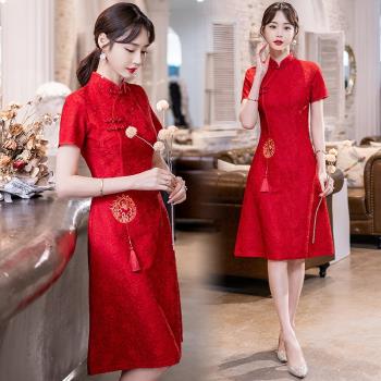 紅色旗袍新款2024年輕少女氣質高階敬酒訂婚禮服夏季