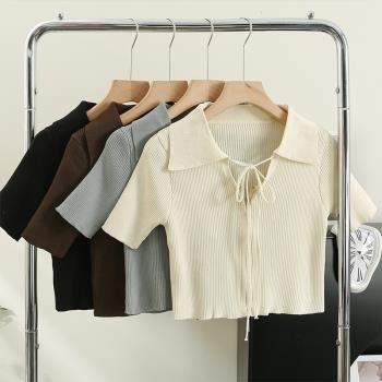 韓版Polo領拉鏈短袖針織T恤女夏2023新款設計感小眾修身短款上衣