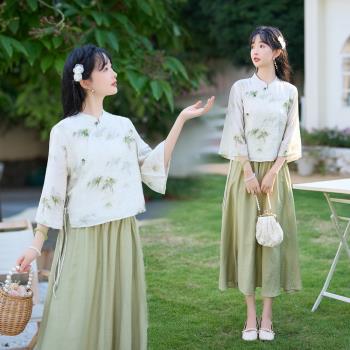 新中式夏季漢服國風復古唐裝上衣盤扣立領茶藝服兩件套