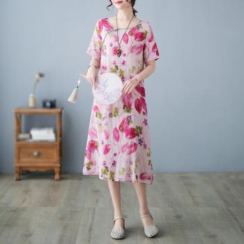 新中式 2023夏季新款改良式旗袍復古文藝棉麻印花大碼女裝連衣裙