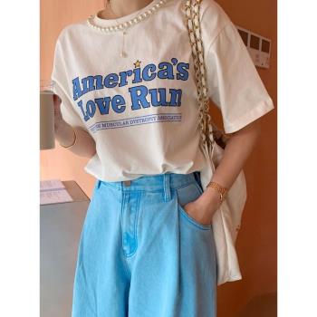 韓國chic夏季新款百搭顯瘦圓領釘珠寬松字母印花上衣短袖T恤女