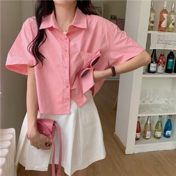 韓版夏季2023新款可愛小仙女襯衣寬松純色短袖襯衫上衣小個子氣質