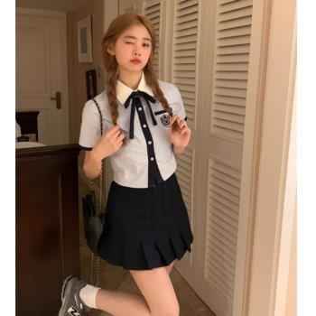 韓系制服學院風短袖襯衫夏季套裝女百褶半身裙今年流行漂亮兩件套