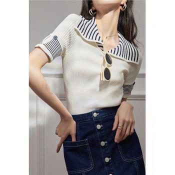 法式海軍風韓系御姐風設計感針織短袖T恤女夏條紋小眾polo領上衣