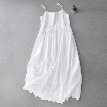 白色吊帶連衣裙女2023夏季新款小清新純棉無袖刺繡拼接長裙打底裙