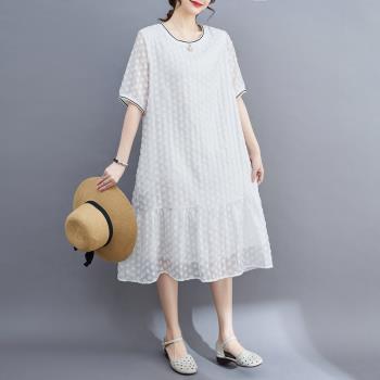高級感氣質顯瘦白色連衣裙2023女新款夏季韓版簡約提花荷葉邊裙子
