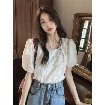 韓版泡泡袖方領短袖襯衫女裝夏季設計感法式氣質短款褶皺襯衣上衣