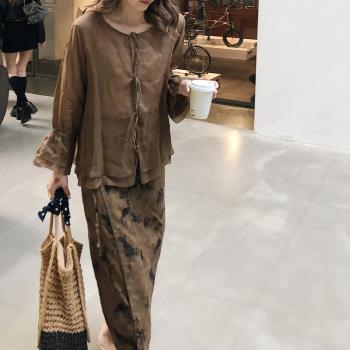 2025春夏新女日系大碼復古文藝棉麻亞麻薴麻寬松顯瘦圓領襯衫開衫