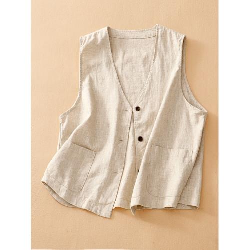 亞麻馬甲背心女夏天薄款寬松V領休閑坎肩顯瘦外搭無袖棉麻小馬夾