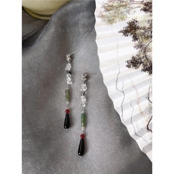 「綠意」原創設計新中式耳環耳夾天然石水晶瑪瑙水滴氣質手作串珠
