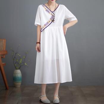 新中式文藝復古薄款氣質白色苧麻連衣裙女士夏季中長款寬松A字裙