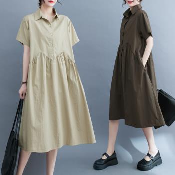 大碼氣質連衣裙2023女新款夏文藝顯瘦短袖襯衫裙女設計感小眾高端