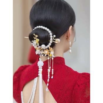 新中式后盤珍珠發簪長流蘇新娘結婚秀禾旗袍龍鳳褂頭飾寫真配飾品
