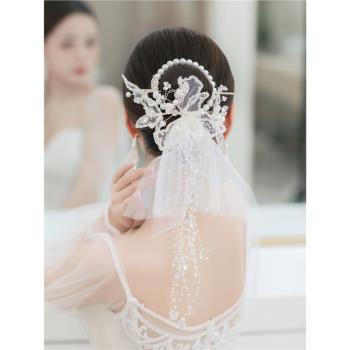 新中式新娘主婚紗頭飾蕾絲花珍珠發圈小頭紗簪子發飾結婚發飾品